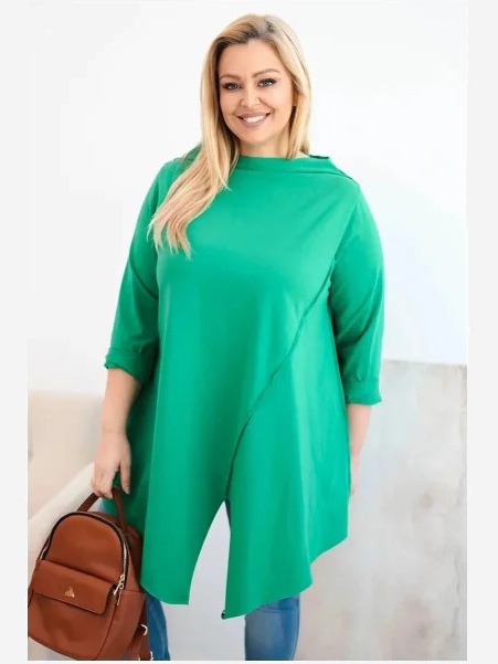 Dámska bavlnená blúzka Plus Size asymetrická s vyhrnutým rukávom zelená