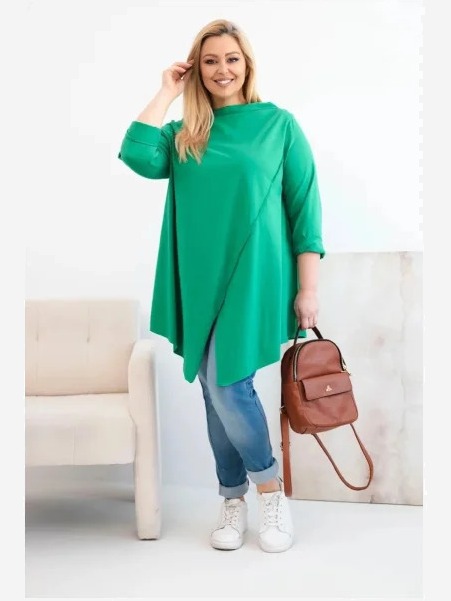 Dámska bavlnená blúzka Plus Size asymetrická s vyhrnutým rukávom zelená