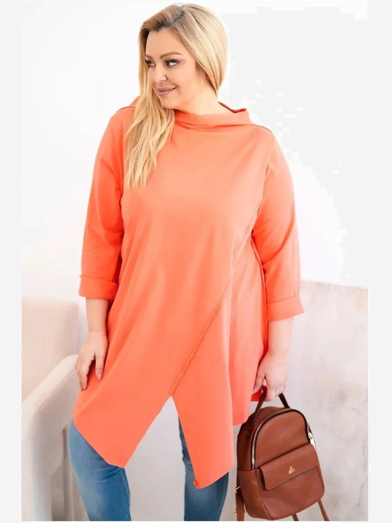 Dámska bavlnená blúzka Plus Size asymetrická s vyhrnutým rukávom marhuľová