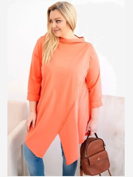 Dámska bavlnená blúzka Plus Size asymetrická s vyhrnutým rukávom marhuľová
