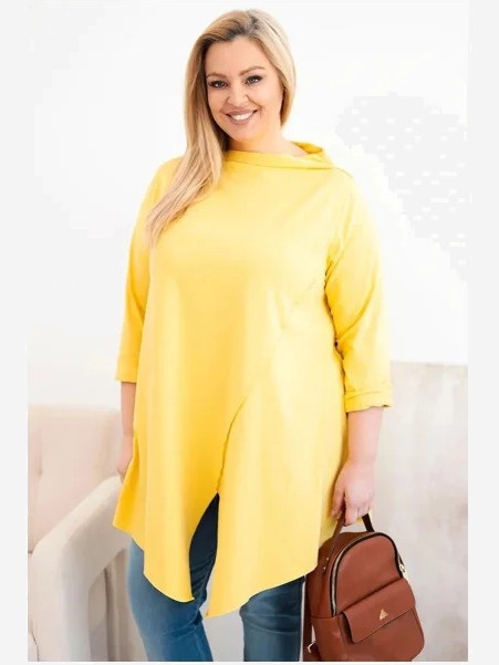 Dámska bavlnená blúzka Plus Size asymetrická s vyhrnutým rukávom žltá