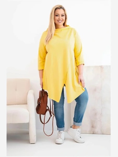 Dámska bavlnená blúzka Plus Size asymetrická s vyhrnutým rukávom žltá