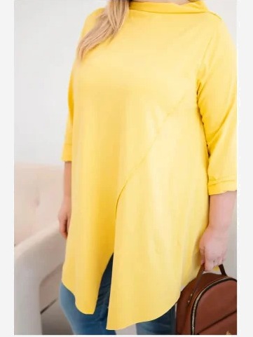 Dámska bavlnená blúzka Plus Size asymetrická s vyhrnutým rukávom žltá
