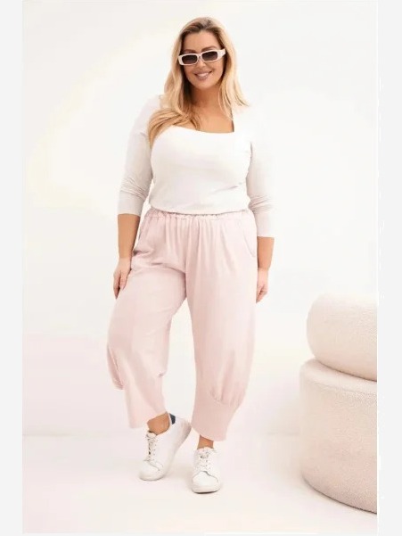 Dámske nohavice Plus Size s nízkym sedom a gumičkou v páse tmavý pudrový ruž
