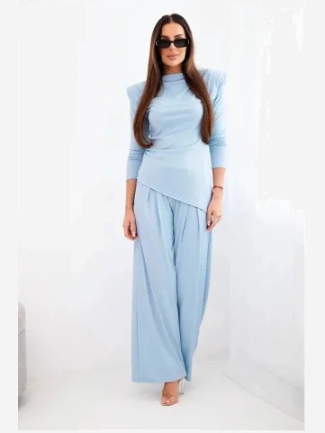 Dámsky bavlnený komplet s blúzkou a nohavicami so širokým nohávkom modrý