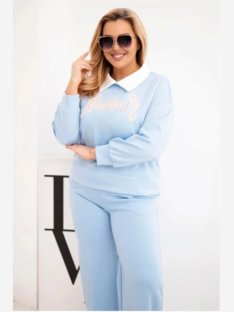 Komplet dámsky maslo Plus Size s širokými nohavicami a golierom modrý
