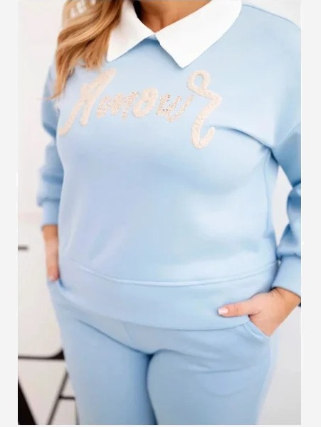 Komplet dámsky maslo Plus Size s širokými nohavicami a golierom modrý
