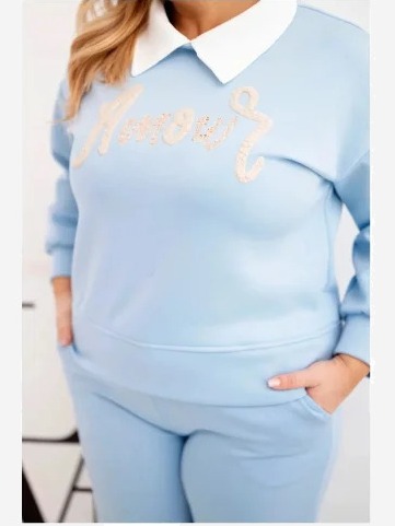 Komplet dámsky maslo Plus Size s širokými nohavicami a golierom modrý