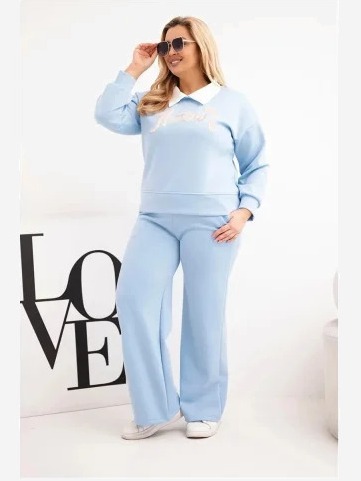Komplet dámsky maslo Plus Size s širokými nohavicami a golierom modrý