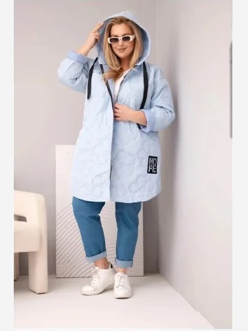 Dámska bunda Plus Size prešívaná s kapucňou a nápisom HOPE modrá