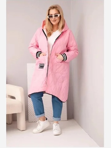 Dámska bunda Plus Size prešívaná s kapucňou a športovými manžetami svetloružová
