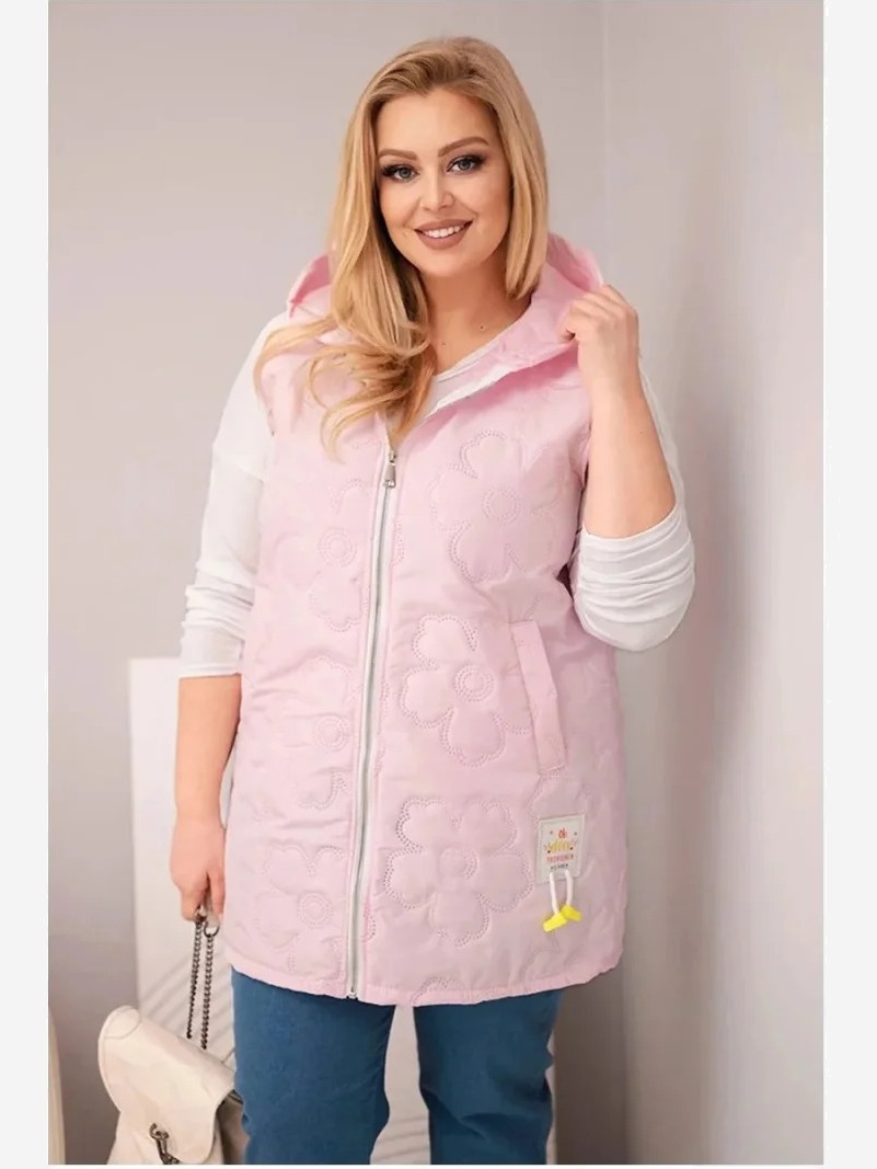Dámska vesta Plus Size s kapucňou a prešívaním v kvetoch cukrová ružová