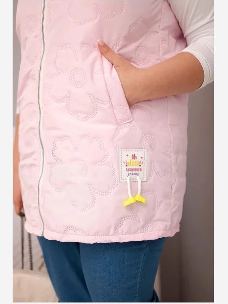 Dámska vesta Plus Size s kapucňou a prešívaním v kvetoch cukrová ružová