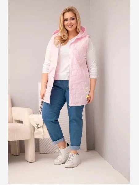 Dámska vesta Plus Size s kapucňou a prešívaním v kvetoch cukrová ružová