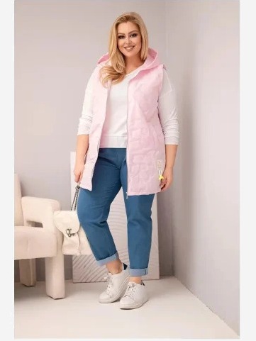Dámska vesta Plus Size s kapucňou a prešívaním v kvetoch cukrová ružová