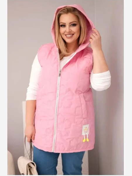 Dámska vesta Plus Size s kapucňou a kvetinovým prešívaním svetloružová