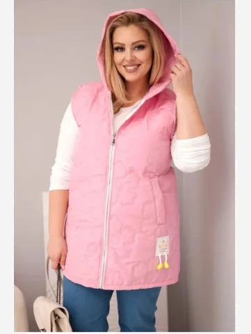 Dámska vesta Plus Size s kapucňou a kvetinovým prešívaním svetloružová