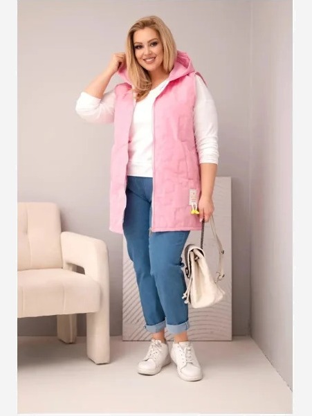 Dámska vesta Plus Size s kapucňou a kvetinovým prešívaním svetloružová
