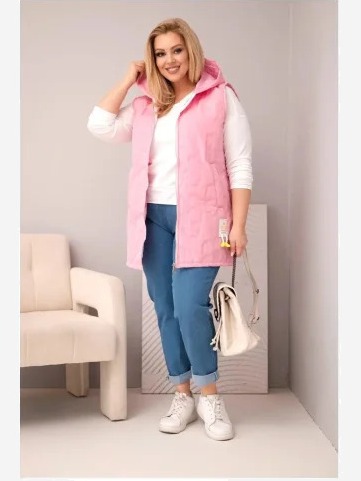 Dámska vesta Plus Size s kapucňou a kvetinovým prešívaním svetloružová