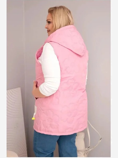Dámska vesta Plus Size s kapucňou a kvetinovým prešívaním svetloružová