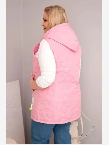 Dámska vesta Plus Size s kapucňou a kvetinovým prešívaním svetloružová