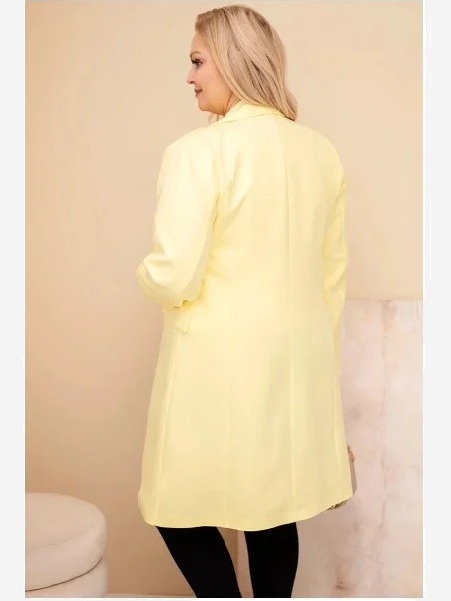 Dámsky kabát Plus Size dlhý s golierom a vreckami žltý
