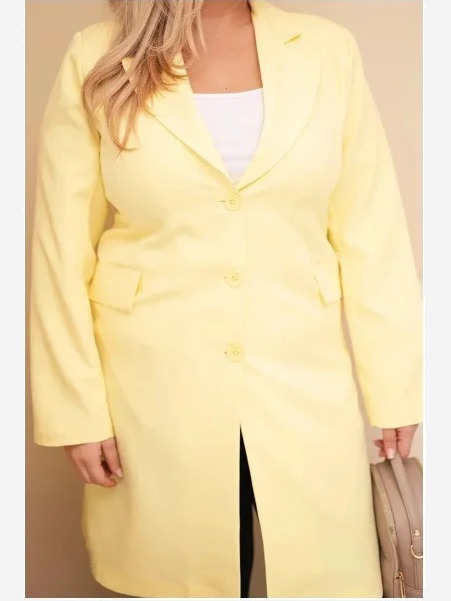Dámsky kabát Plus Size dlhý s golierom a vreckami žltý