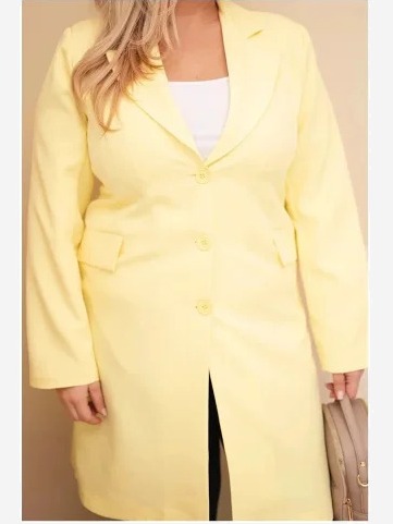 Dámsky kabát Plus Size dlhý s golierom a vreckami žltý