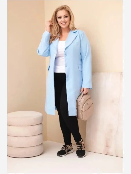 Dámsky kabát Plus Size dlhý s golierom a vreckami modrý