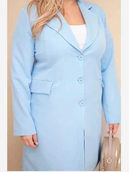 Dámsky kabát Plus Size dlhý s golierom a vreckami modrý