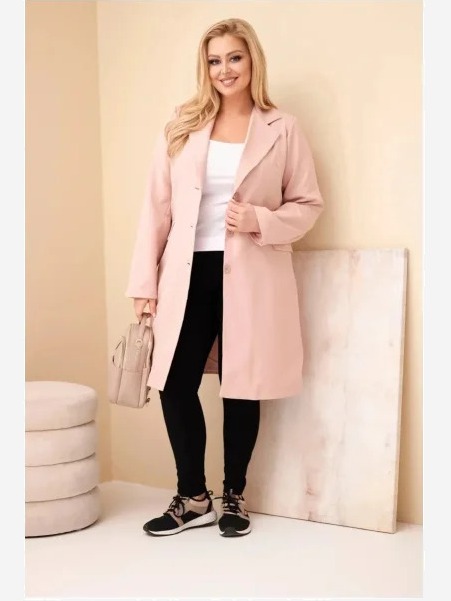 Dámsky kabát Plus Size dlhý s golierom a vreckami tmavý pudrový ruž