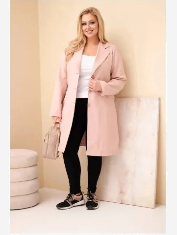 Dámsky kabát Plus Size dlhý s golierom a vreckami tmavý pudrový ruž