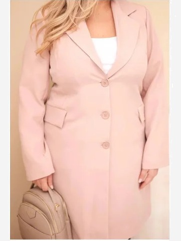 Dámsky kabát Plus Size dlhý s golierom a vreckami tmavý pudrový ruž