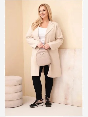 Dámsky kabát Plus Size dlhý s golierom a vreckami béžový
