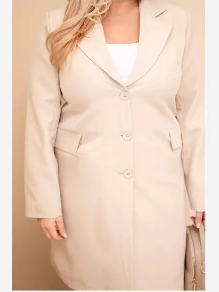 Dámsky kabát Plus Size dlhý s golierom a vreckami béžový