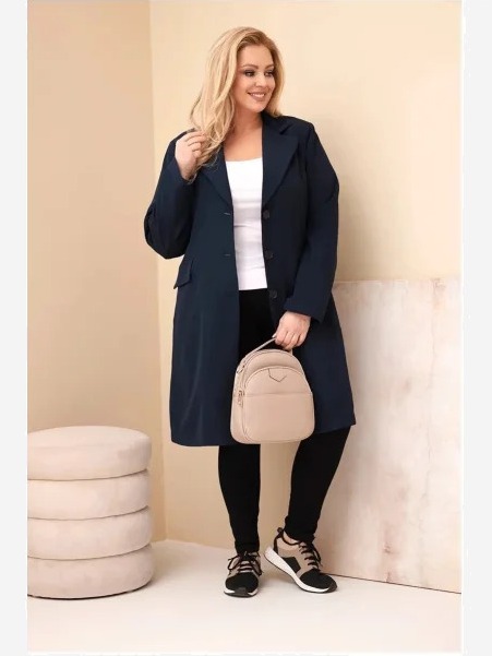 Dámsky kabát Plus Size dlhý s golierom a vreckami granátový