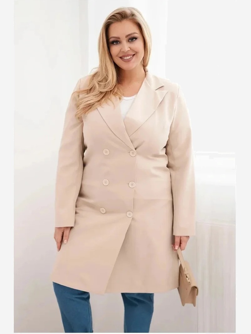 Dámsky kabát Plus Size dvojradový s golierom béžový