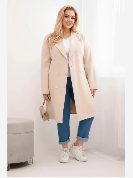 Dámsky kabát Plus Size dvojradový s golierom béžový