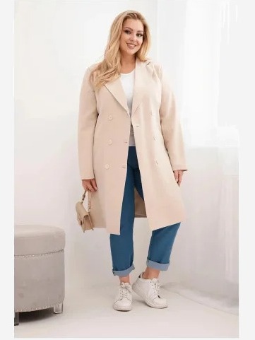 Dámsky kabát Plus Size dvojradový s golierom béžový