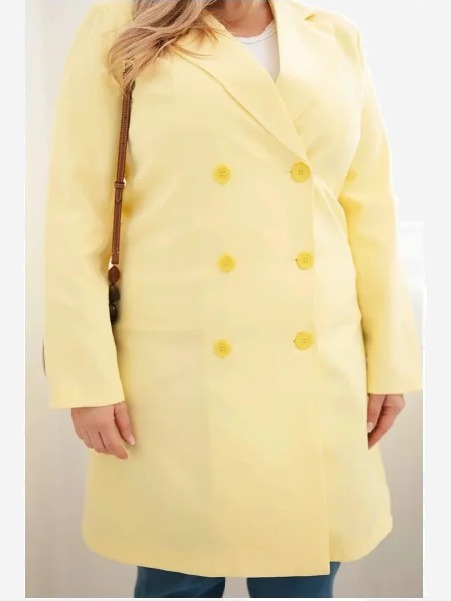 Dámsky kabát Plus Size dvojradový s golierom žltý