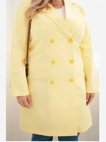 Dámsky kabát Plus Size dvojradový s golierom žltý