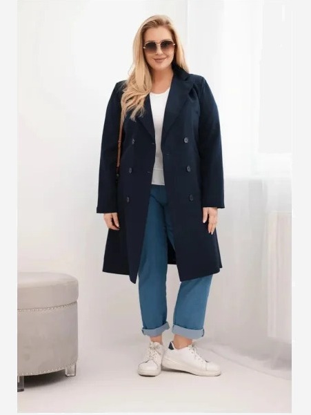 Dámsky kabát Plus Size dvojradový s golierom modrý
