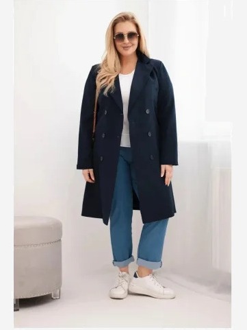 Dámsky kabát Plus Size dvojradový s golierom modrý