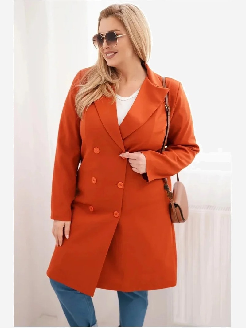 Dámsky kabát Plus Size dvojradový s golierom hnedý