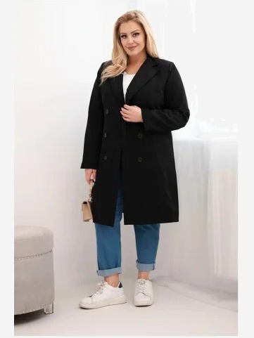 Dámsky kabát Plus Size dvojradový s golierom čierny