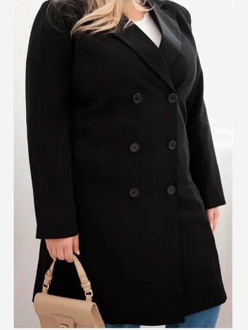 Dámsky kabát Plus Size dvojradový s golierom čierny