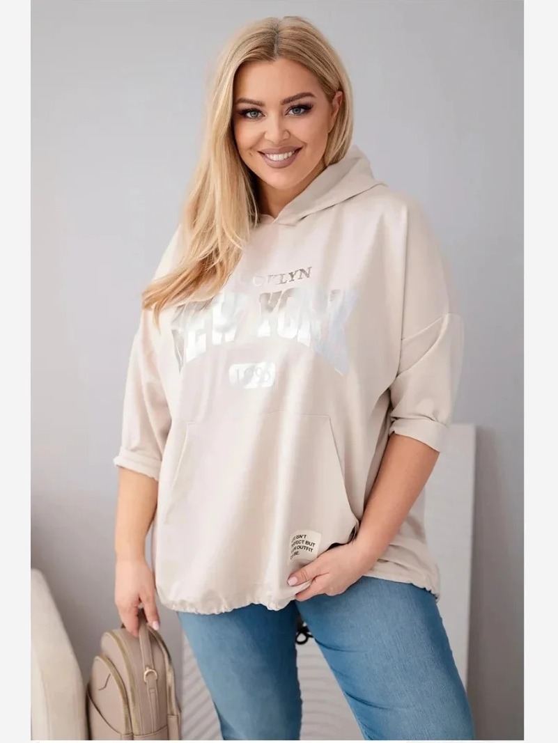 Dámska viskózová mikina Plus Size s kapucňou a klokaním vreckom bežová