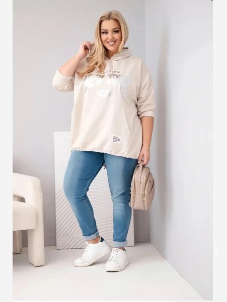 Dámska viskózová mikina Plus Size s kapucňou a klokaním vreckom bežová