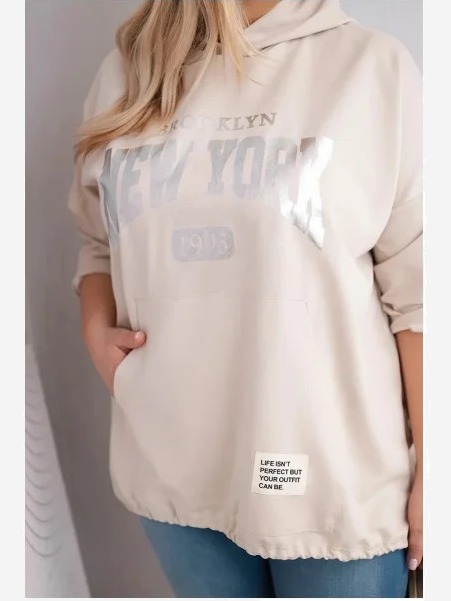 Dámska viskózová mikina Plus Size s kapucňou a klokaním vreckom bežová