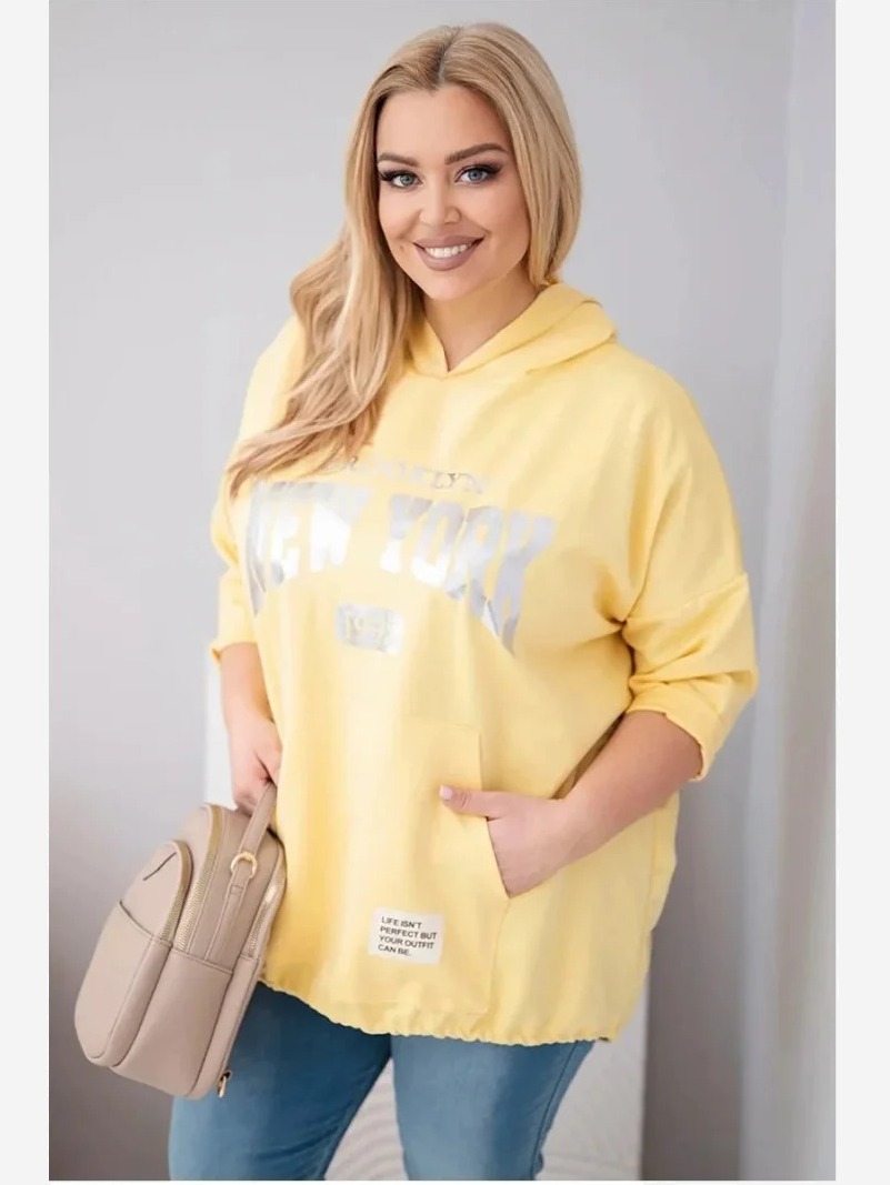Dámska mikina Plus Size z viskózy s kapucňou a klokanovou kapsou žltá